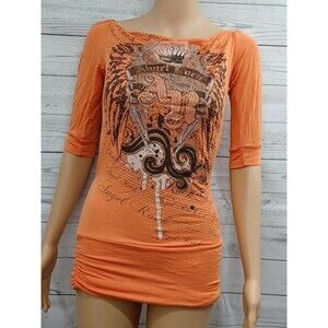 Fashion Love Top Sz S Angel rock wings Rhinestones open back Crown Orange Tattoo
